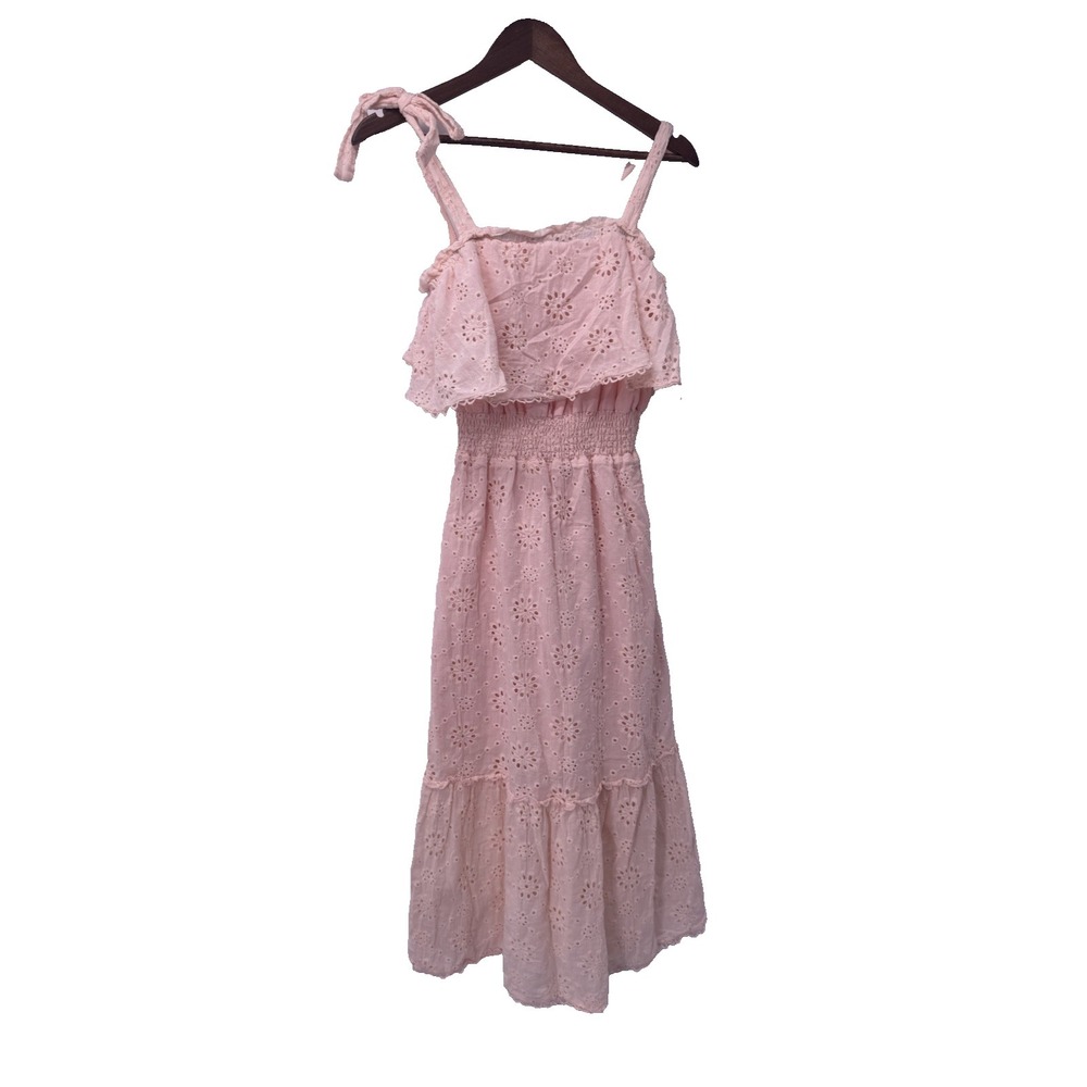 Simplee Baby pink Eyelet Midi Dress cottage ruffle bow smocked fairy coquette M‎